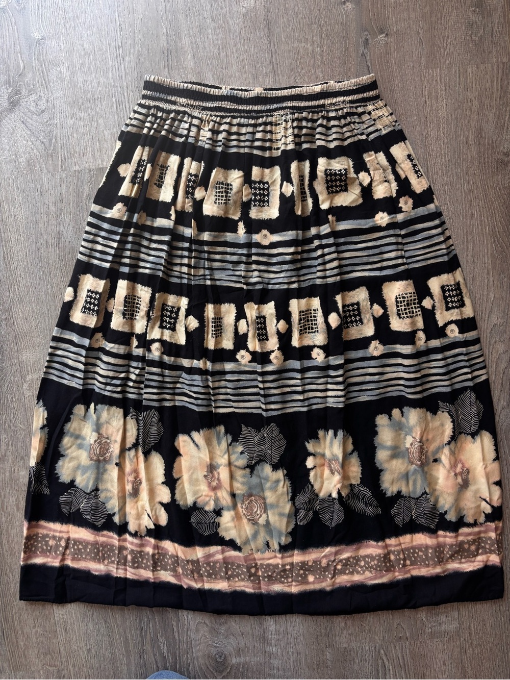 Kathie Lee Collection Black Midi Skirt with Cream Floral & Stripe Pattern
